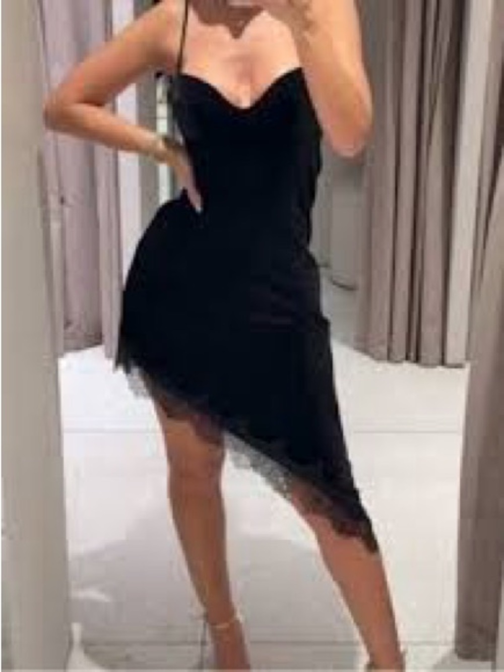 Zara Black Asymmetrical Slip Dress with Lace Hem